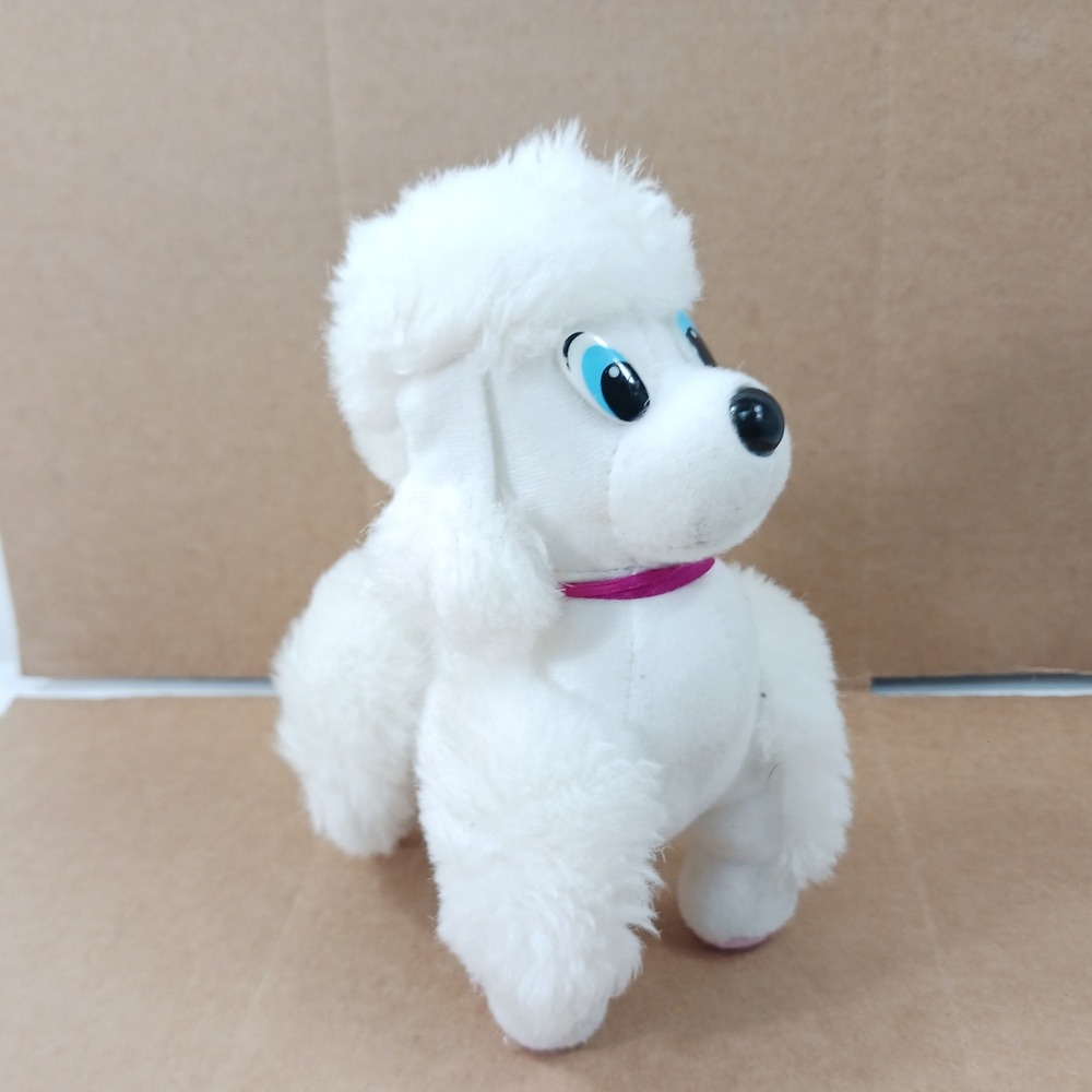 White Plush Poodle Stuffed Animal with Pink Collar and Blue Eyes 7.5 Inch